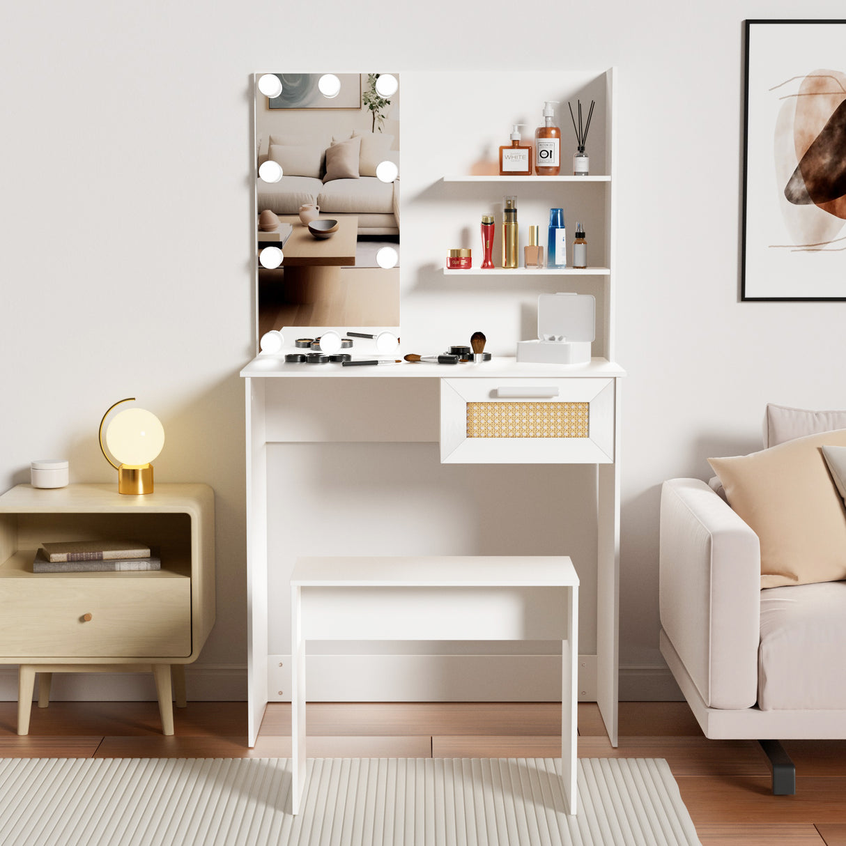 Vanity Desk Set Stool & Dressing Table with LED Lighting Mirror Drawer and Wood Cosmetic Table Chest of Drawers White Color - V.I.P Digital Presence