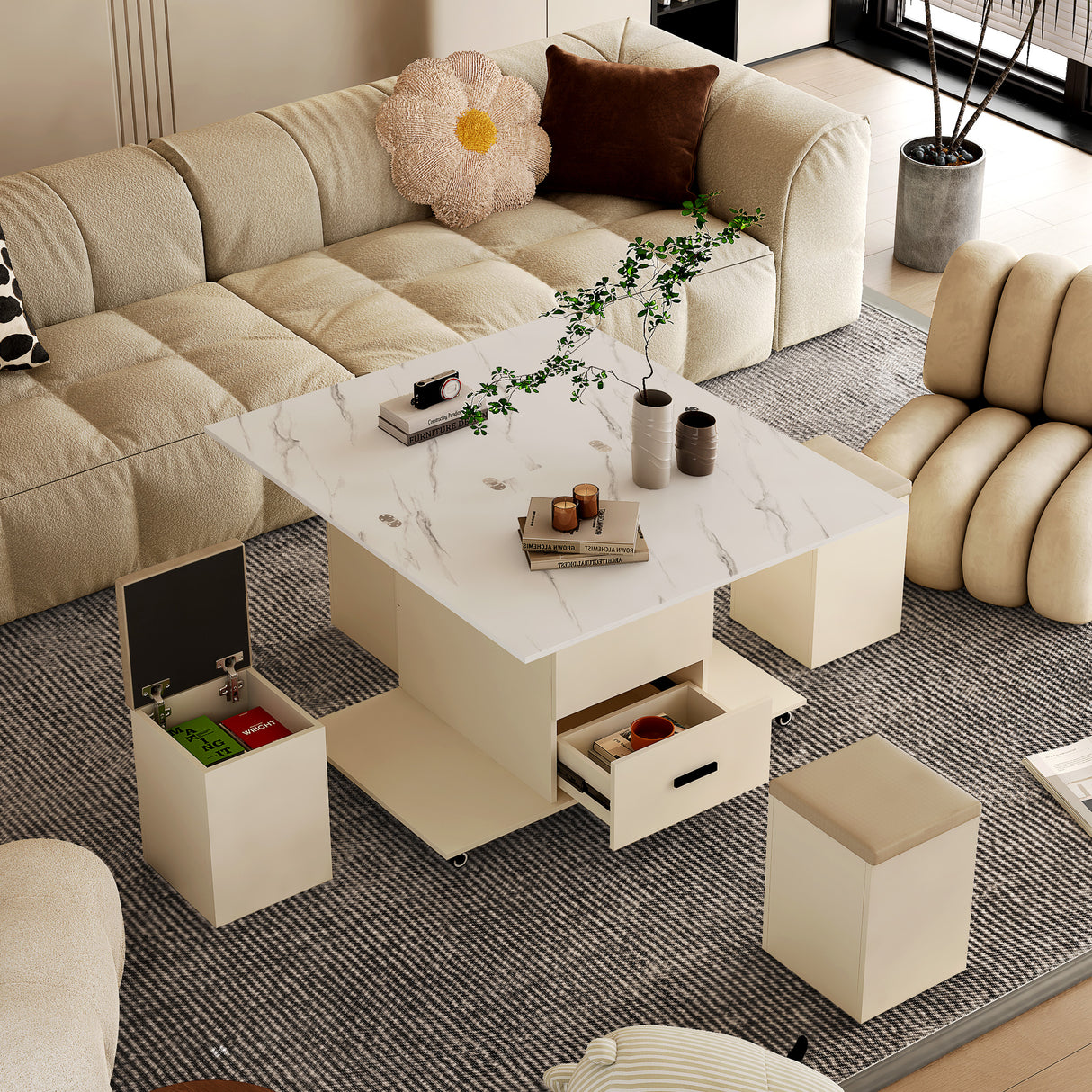 Modern lift coffee table, living room with 4 chairs, expandable 1 hidden storage space+2 drawers, folding dining table - V.I.P Digital Presence