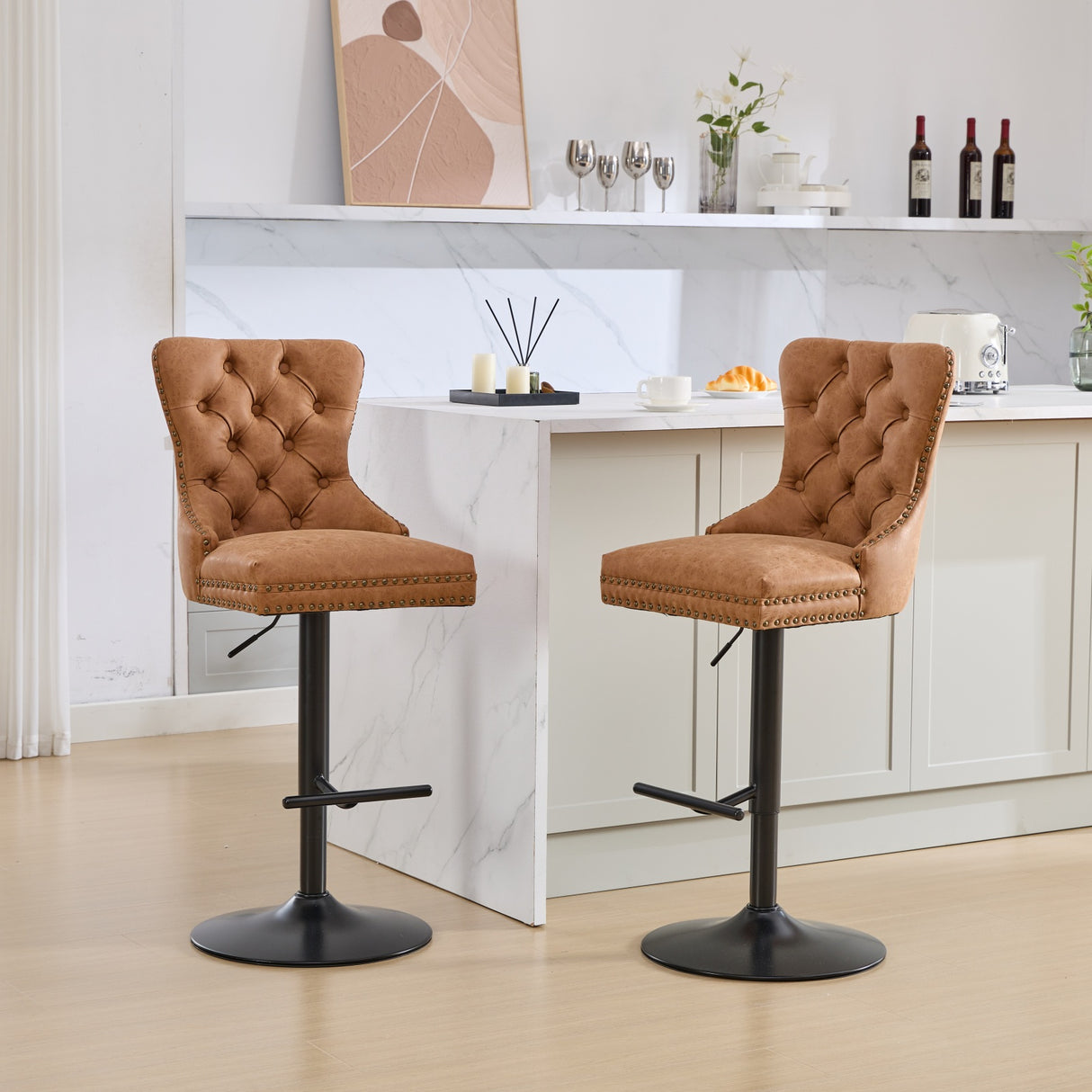 Vintage PU rotating bar stool, seat height adjustable from 25-33 inches, modern bar stool (orange, 2-piece set) - V.I.P Digital Presence