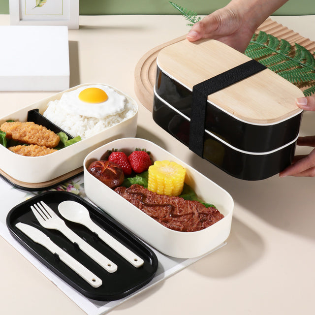 Japanese style simple bamboo lid double-layer sealed portable lunch box bento box with tableware - V.I.P Digital Presence