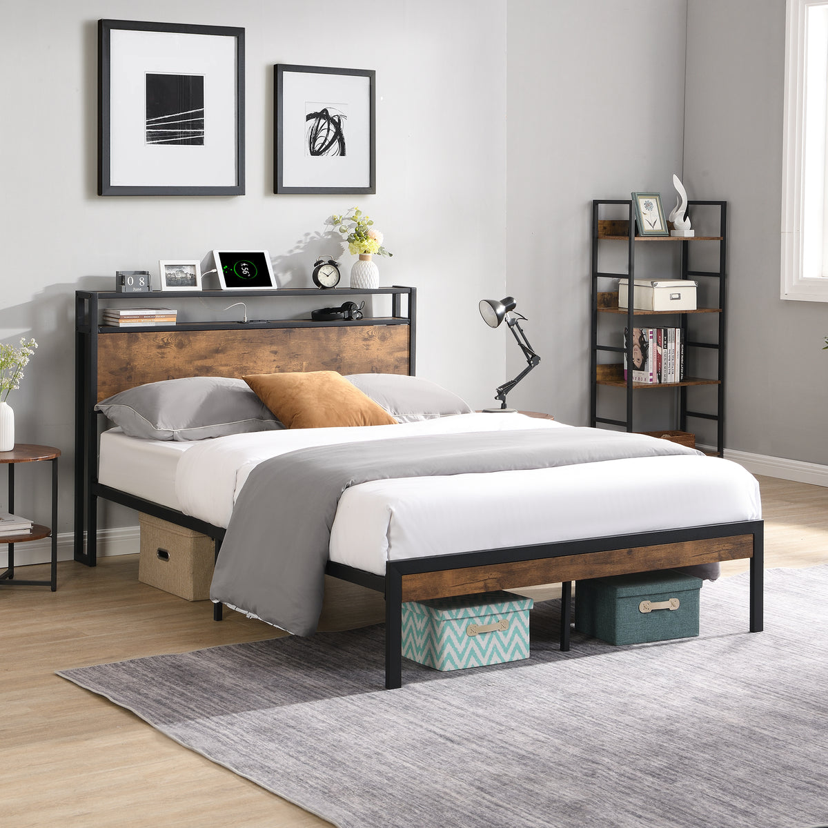 Queen Size Metal Platform Bed Frame with Wooden Headboard and Footboard with USB LINER - V.I.P Digital Presence