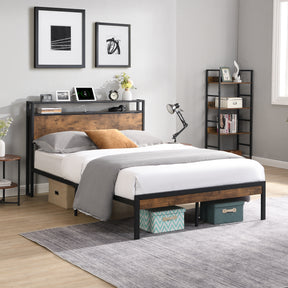 Queen Size Metal Platform Bed Frame with Wooden Headboard and Footboard with USB LINER - V.I.P Digital Presence