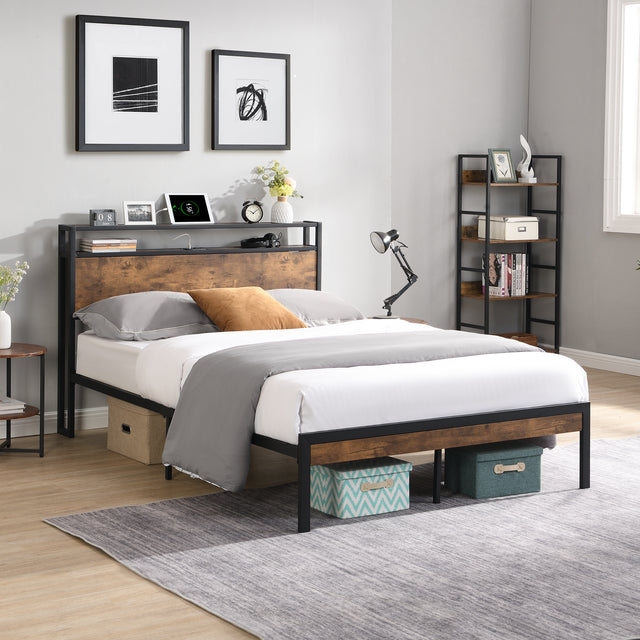 Queen Size Metal Platform Bed Frame with Wooden Headboard and Footboard with USB LINER - V.I.P Digital Presence