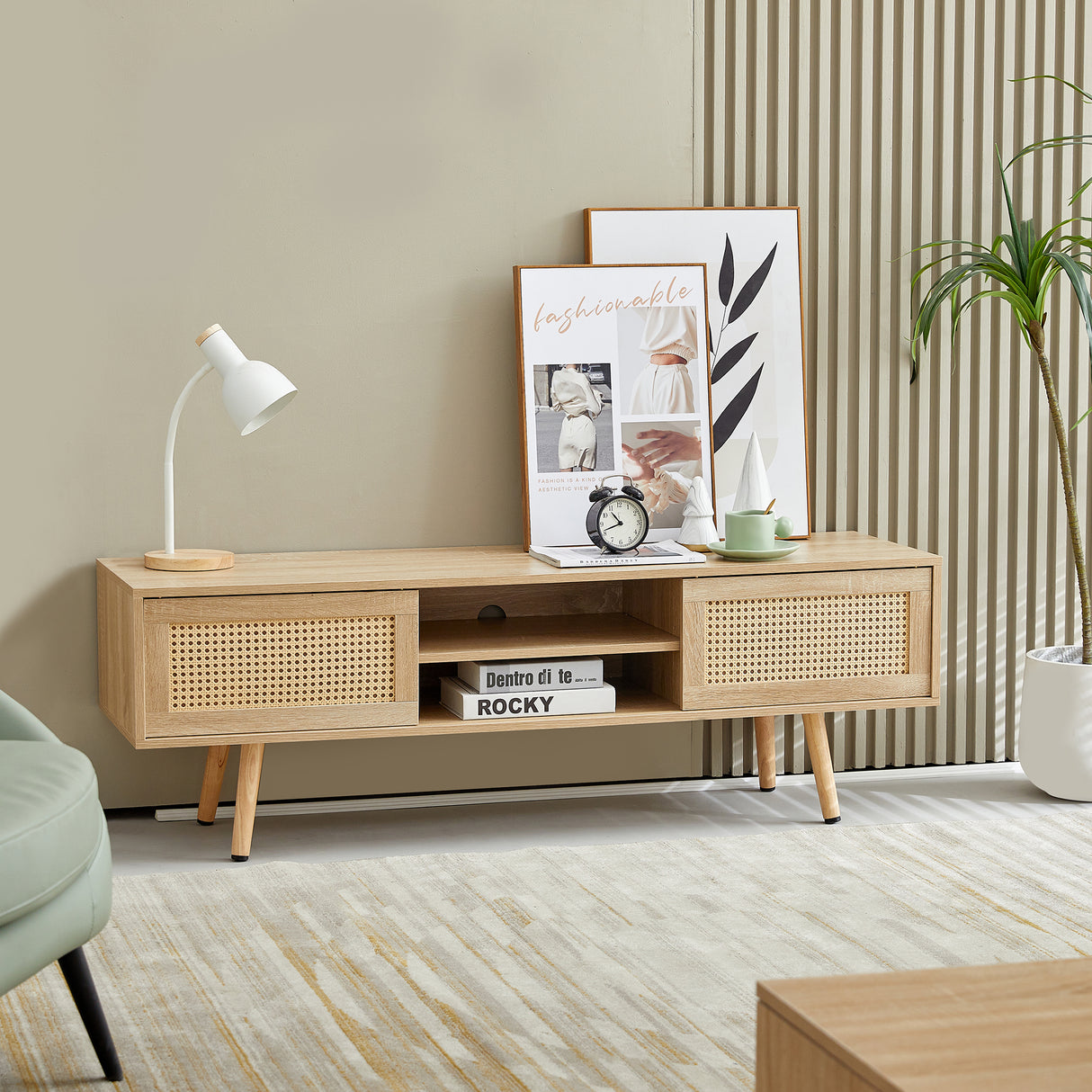 55.12" Rattan TV cabinet double sliding doors for storage adjustable shelf solid wood legs TV console for living room natural - V.I.P Digital Presence