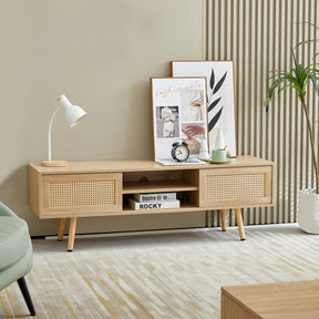55.12" Rattan TV cabinet double sliding doors for storage adjustable shelf solid wood legs TV console for living room natural - V.I.P Digital Presence
