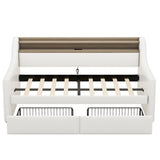 Twin Size Daybed with Drawers, Upholstered Daybed with Charging Station and LED Lights, White - V.I.P Digital Presence