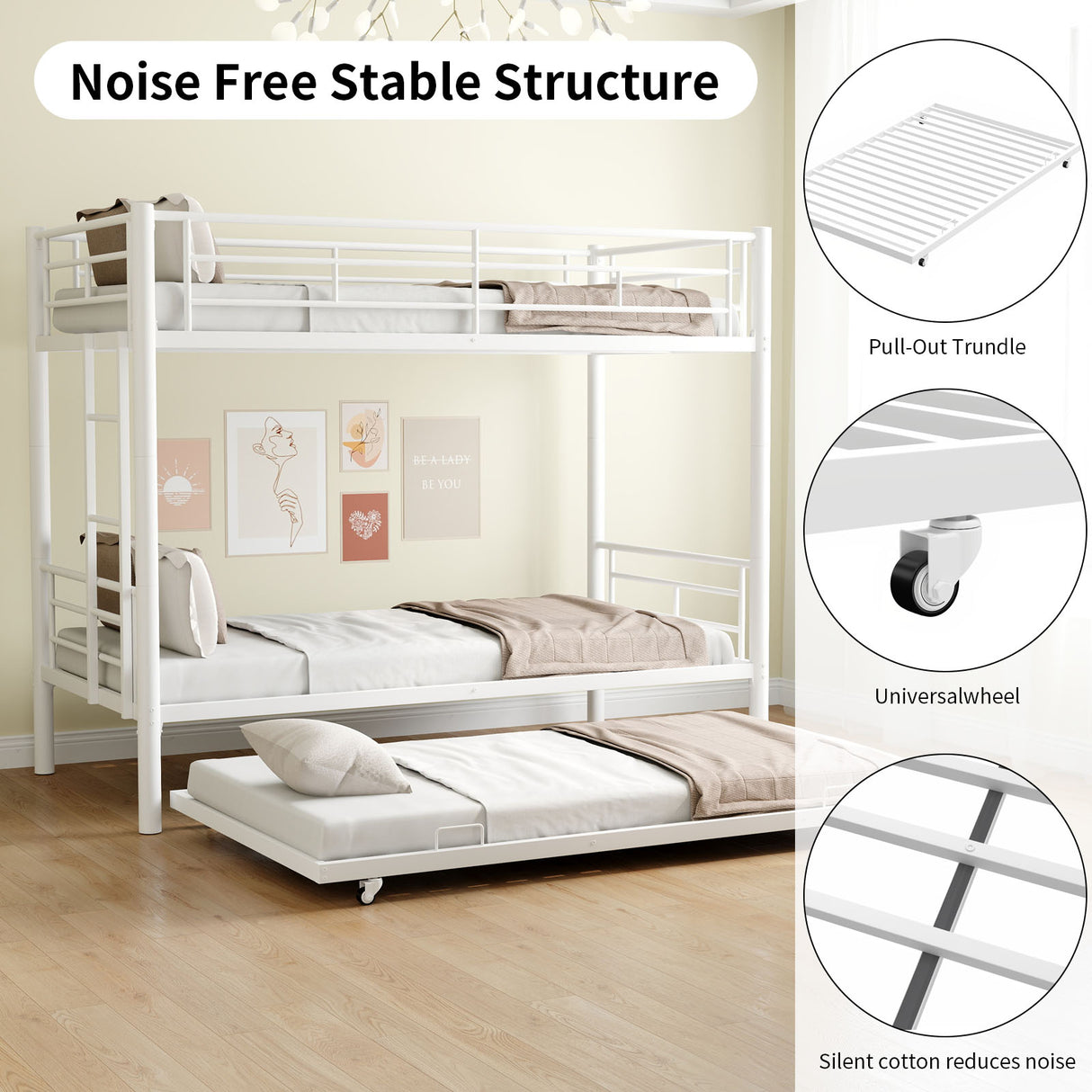 Heavy-duty Sturdy Meta Twin over Twin with Trundle Bunk Bed/l/ Noise Reduced/ Safety Guardrail/No Box Spring Needed,White - V.I.P Digital Presence