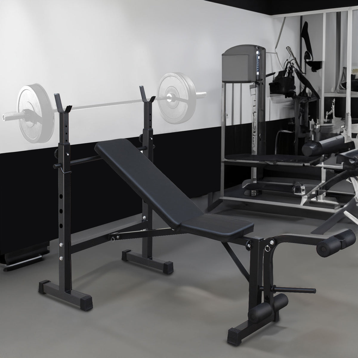 Banco de pesas olímpico con set de press de banca con soporte para sentadillas y banco para entrenamiento de cuerpo completo en el gimnasio en casa