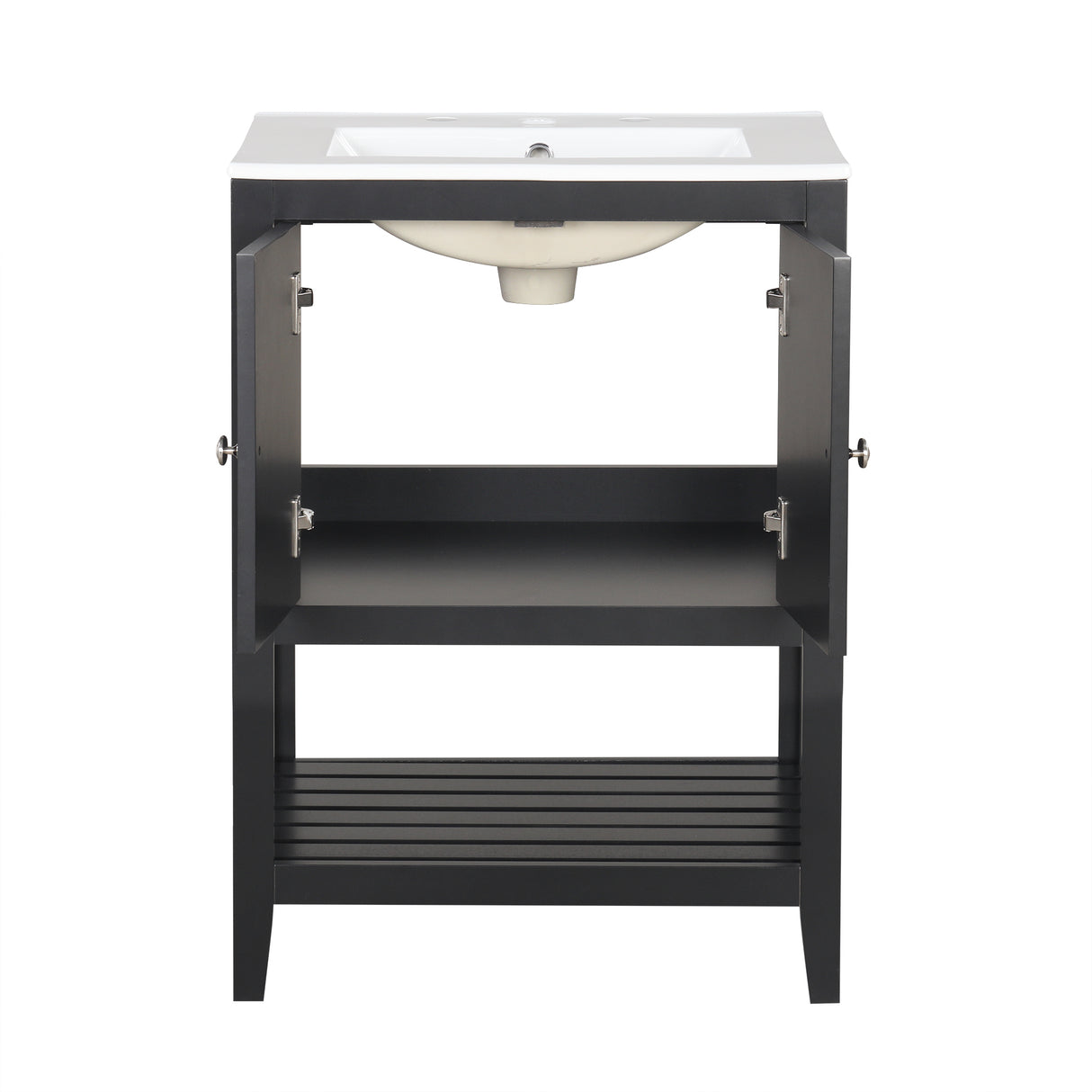 24" Black Modern Sleek Bathroom Vanity Elegant Ceramic Sink with Solid Wood Frame Open Style Shelf - V.I.P Digital Presence