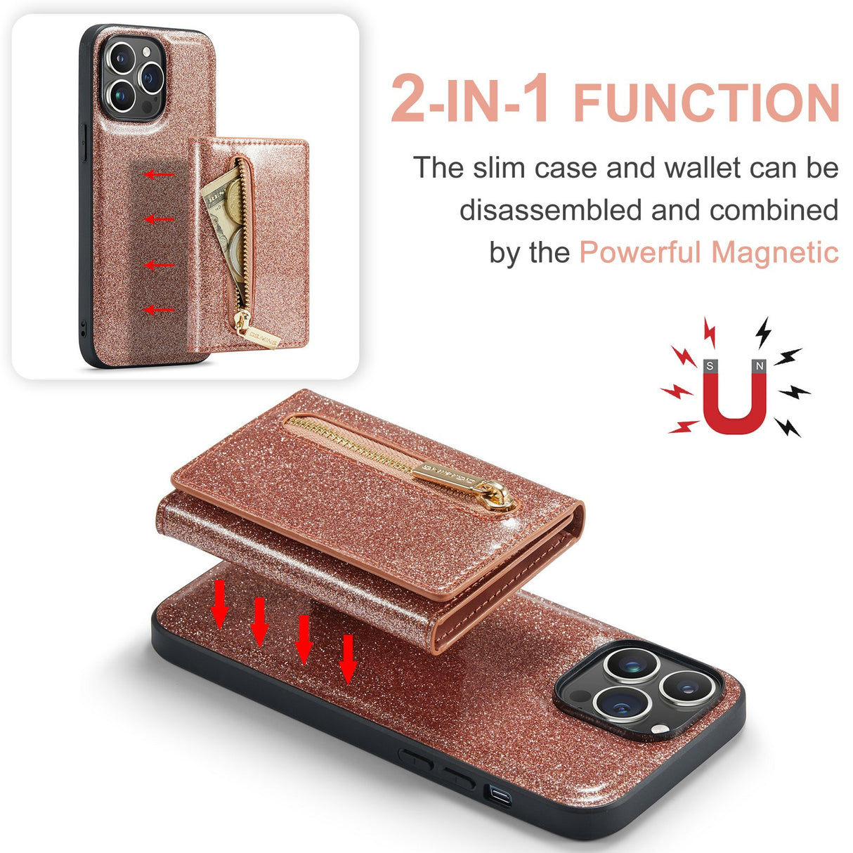 M3 For iPhone 14 Pro Max Glitter Wallet Protective Case iPhone 14 Pro Two In One Magnetic Phone Case - V.I.P Digital Presence