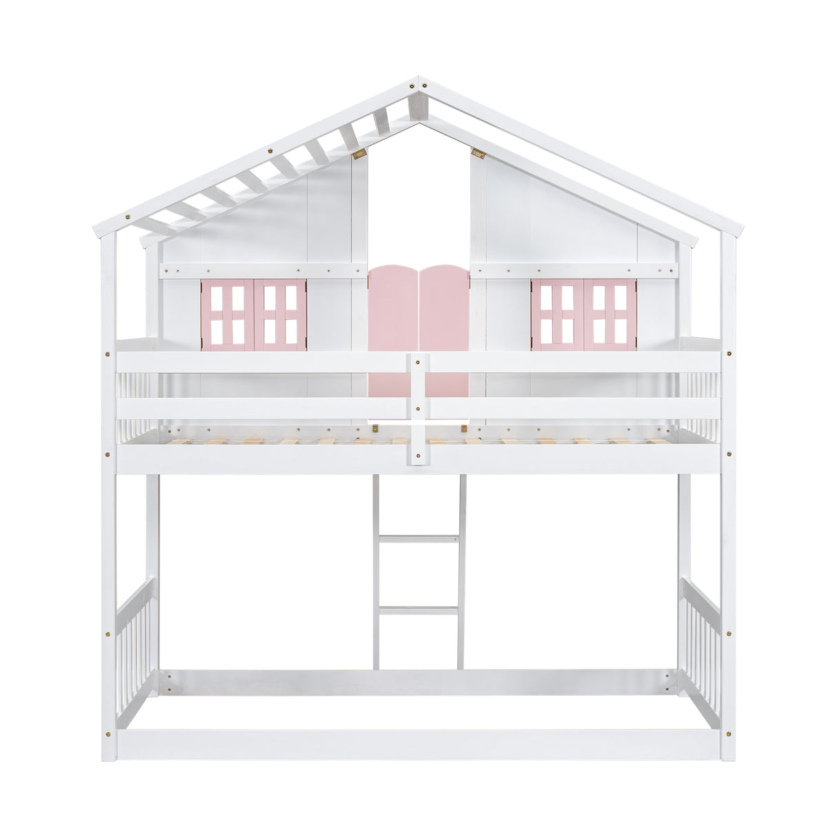 Twin over Twin House Bunk Bed with Roof , Window, Window Box, Door , with Safety Guardrails and Ladder, Pink/White - V.I.P Digital Presence