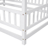 Full Size Floor Wooden Bed with House Roof Frame, Fence Guardrails ,White - V.I.P Digital Presence