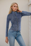 Pocketed Turtleneck Zip Up Denim Top - V.I.P Digital Presence