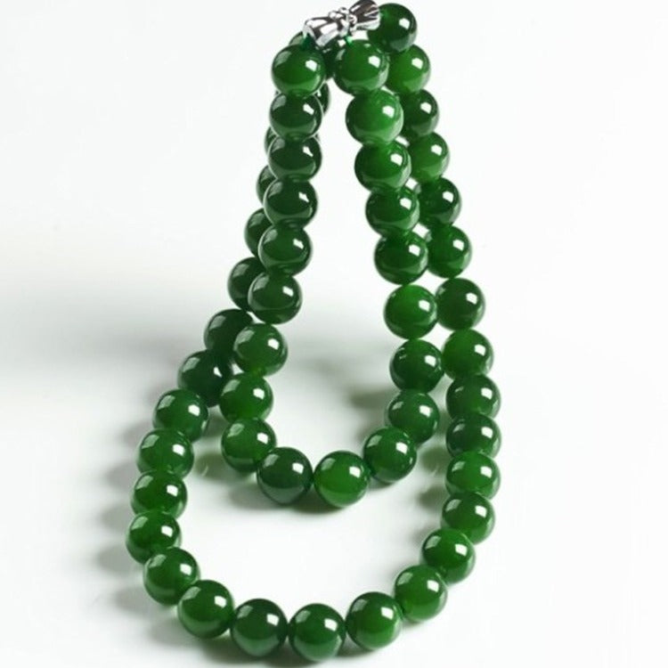 Hetian Biyu necklace, spinach green jade necklace, round bead style, Taiwan green jade necklace - V.I.P Digital Presence