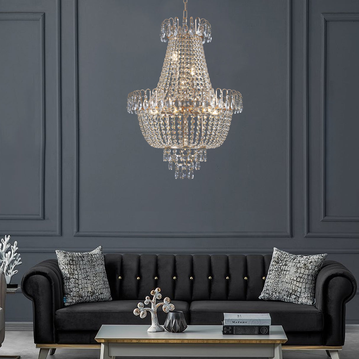 Golden crystal pendant light, large modern luxury ceiling lighting (without light bulbs) - V.I.P Digital Presence