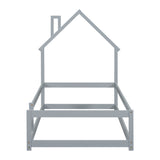 Twin Size Wood bed with House-shaped Headboard Floor bed with Fences,Grey - V.I.P Digital Presence