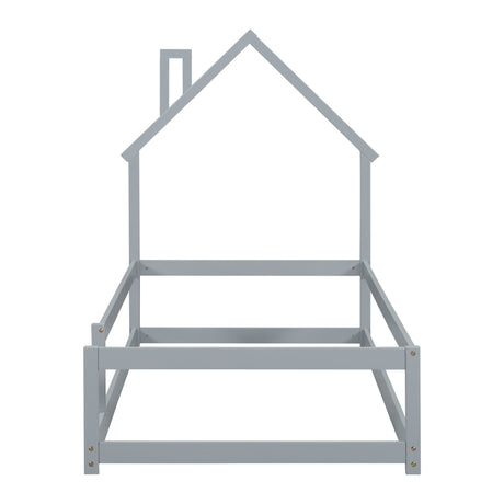 Twin Size Wood bed with House-shaped Headboard Floor bed with Fences,Grey - V.I.P Digital Presence