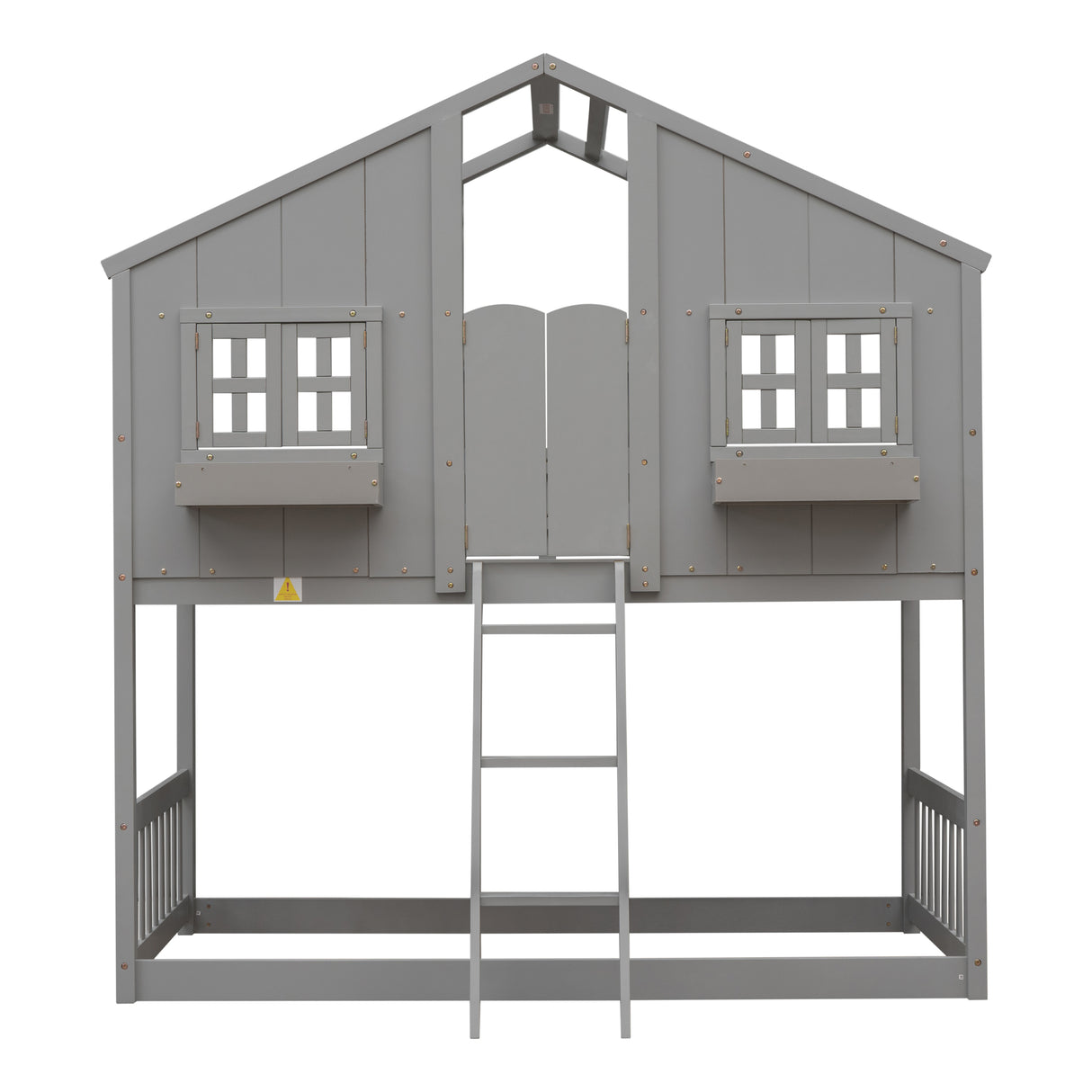 Twin over Twin House Bunk Bed with Roof , Window, Window Box, Door , with Safety Guardrails and Ladder, Grey - V.I.P Digital Presence