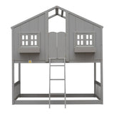 Twin over Twin House Bunk Bed with Roof , Window, Window Box, Door , with Safety Guardrails and Ladder, Grey - V.I.P Digital Presence