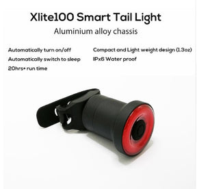 XLITE100 Bicycle Flashlight Bike Rear Light Auto Start/Stop Brake Sensing IPx6 Waterproof LED Charging Cycling Taillight - V.I.P Digital Presence