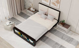 Queen Size Platform Bed Frame with Upholstery Headboard and Bookshelf in Footboard and LED Light Strips, Espresso - V.I.P Digital Presence