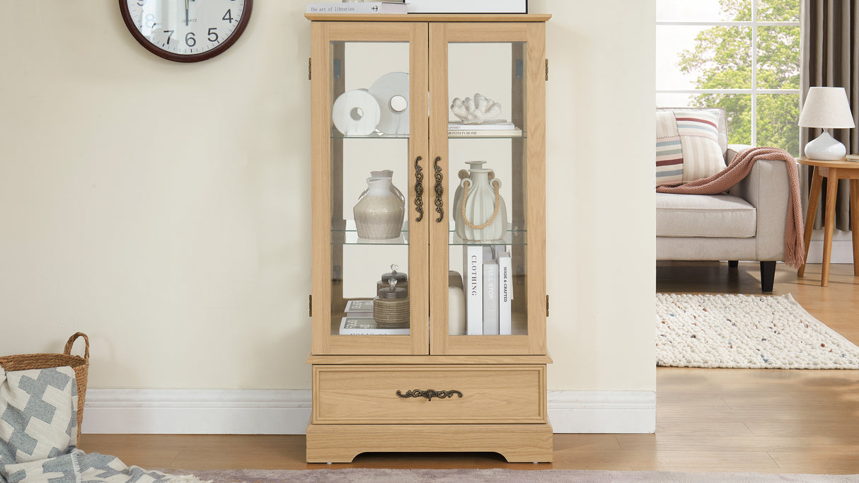 Light colored glass cabinet with adjustable glass frame, including cabinet light bulbs OAK with 2 doors and 1 drawer - V.I.P Digital Presence
