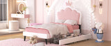 Twin cushion princess bed with crown headboard and 2 drawers with headboard and footrest, pink+white - V.I.P Digital Presence