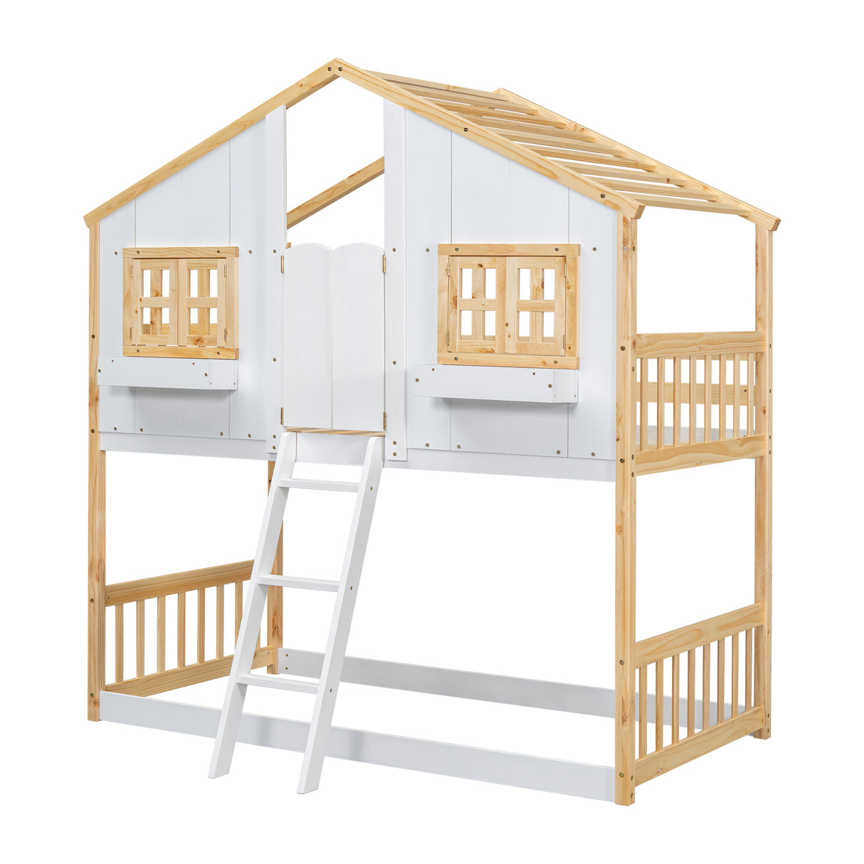 Twin over Twin House Bunk Bed with Roof , Window, Window Box, Door , with Safety Guardrails and Ladder, Natural/White - V.I.P Digital Presence