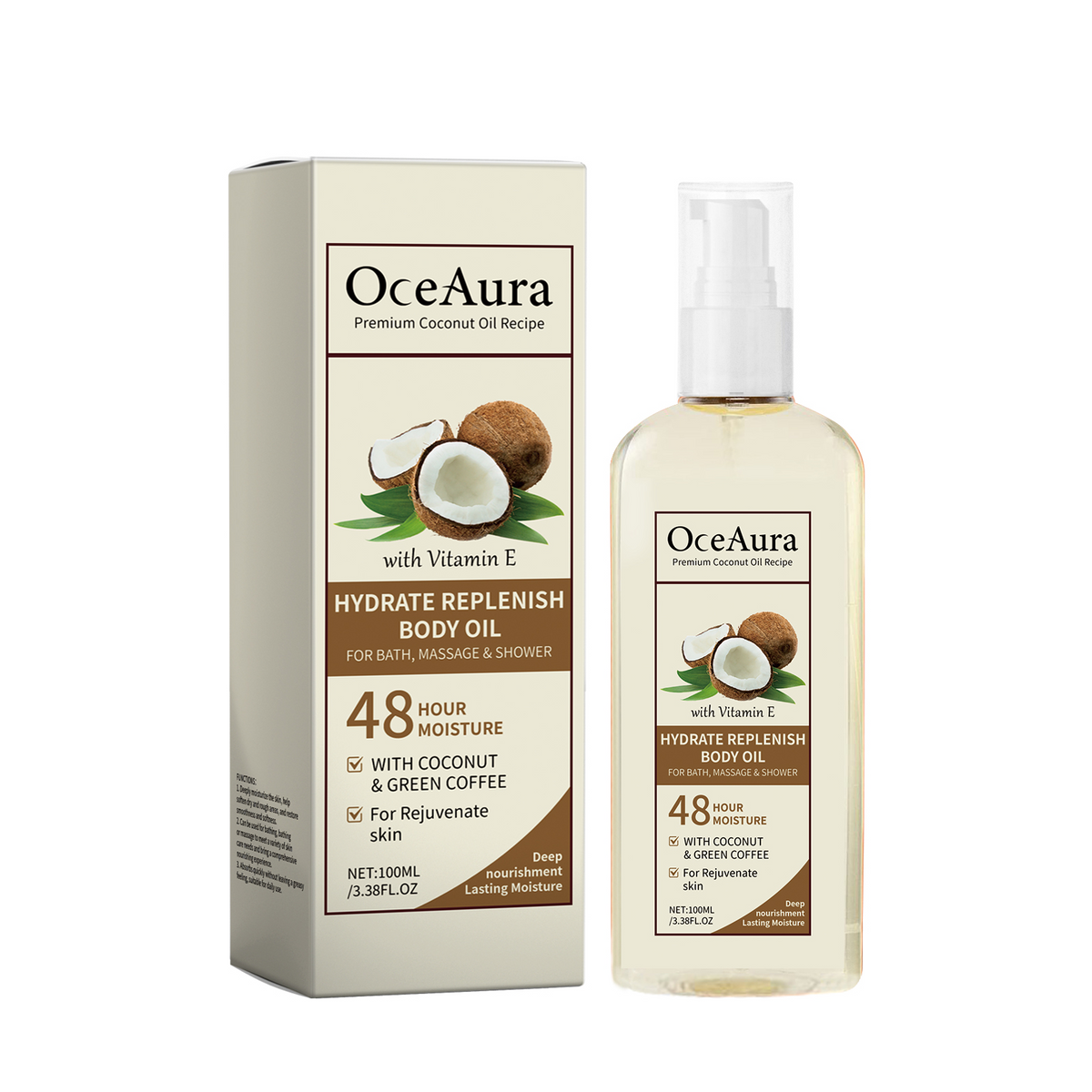Aceite corporal hidratante, calmante y nutritivo para masaje diario con aceite de coco.