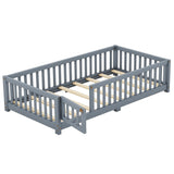 Twin Size Bed Floor Bed with Safety Guardrails and Door for Kids, Gray - V.I.P Digital Presence