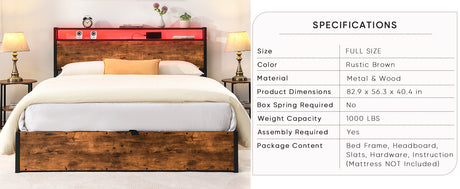 Elevating storage bed frame, full-size bed frame with bookshelf headboard and LED lights, with country brown color - V.I.P Digital Presence