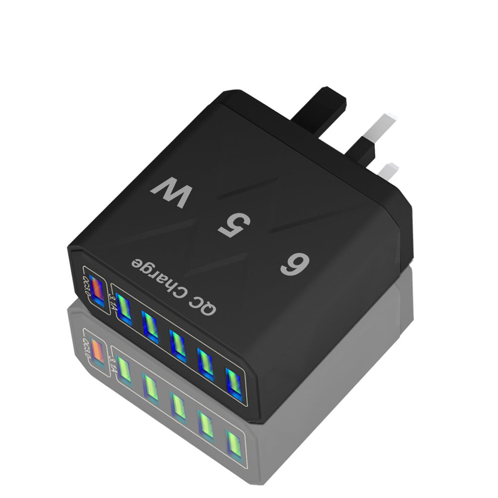 Cargador de teléfono móvil estándar coreano de carga rápida de 65 W, cargador de viaje con cabezal de carga rápida multipuerto de 6 USB 