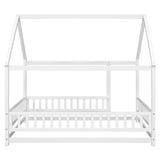 Full Size Floor Wooden Bed with House Roof Frame, Fence Guardrails ,White - V.I.P Digital Presence