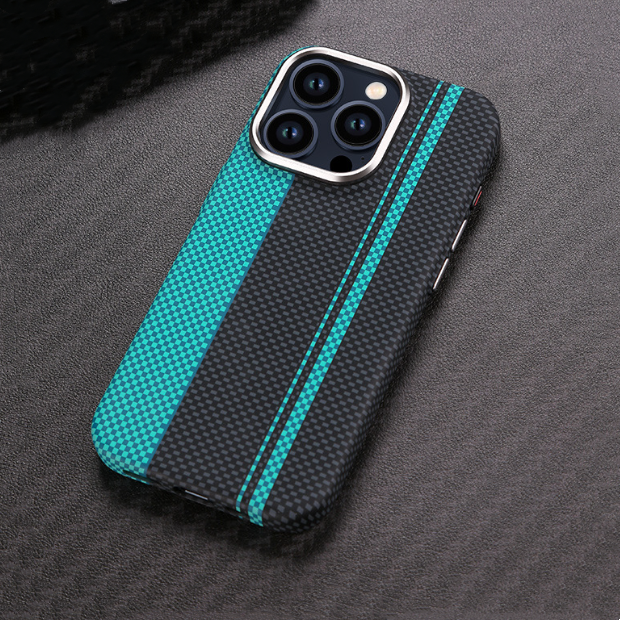 Adecuado para iPhone 15 ProMax, funda rígida magnética con patrón de Kevlar, funda protectora anticaídas con patrón de fibra de carbono 14