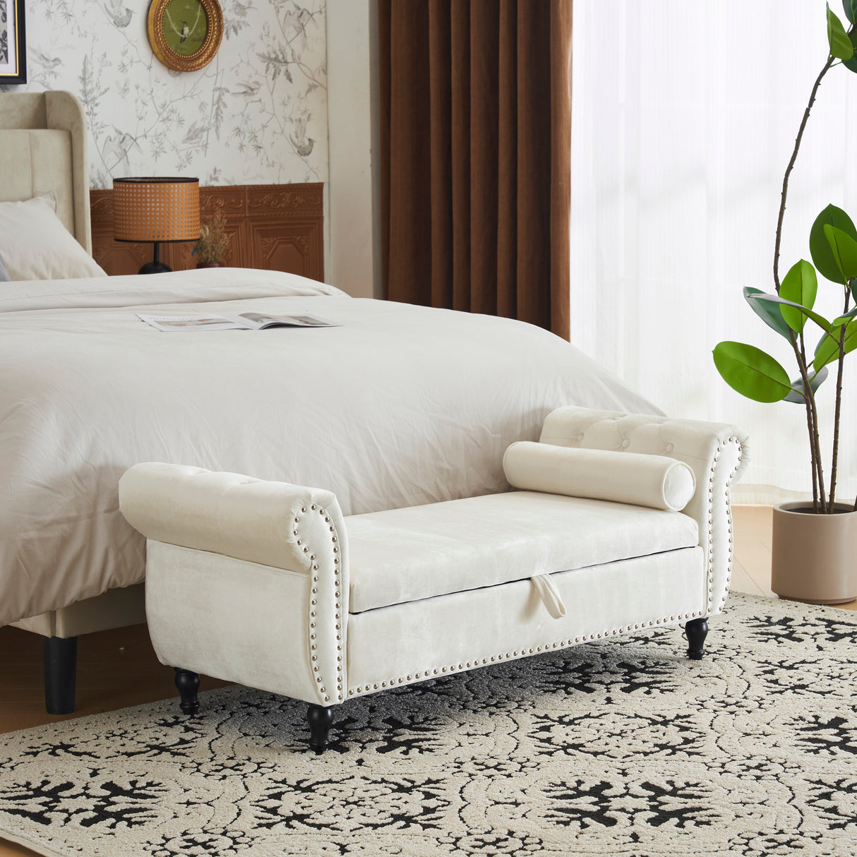 Velvet Multifunctional Storage Rectangular ottoman bench with 1 Pillow, Beige - V.I.P Digital Presence