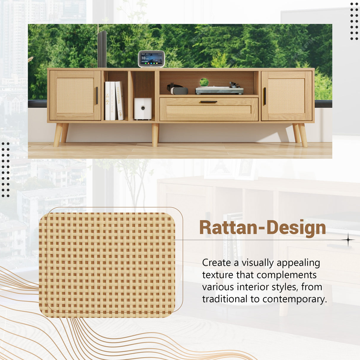 Vine TV stand with 2 cabinets and 2 open shelves, suitable for TVs under 80 inches, with solid wood legs for TV cabinets - V.I.P Digital Presence