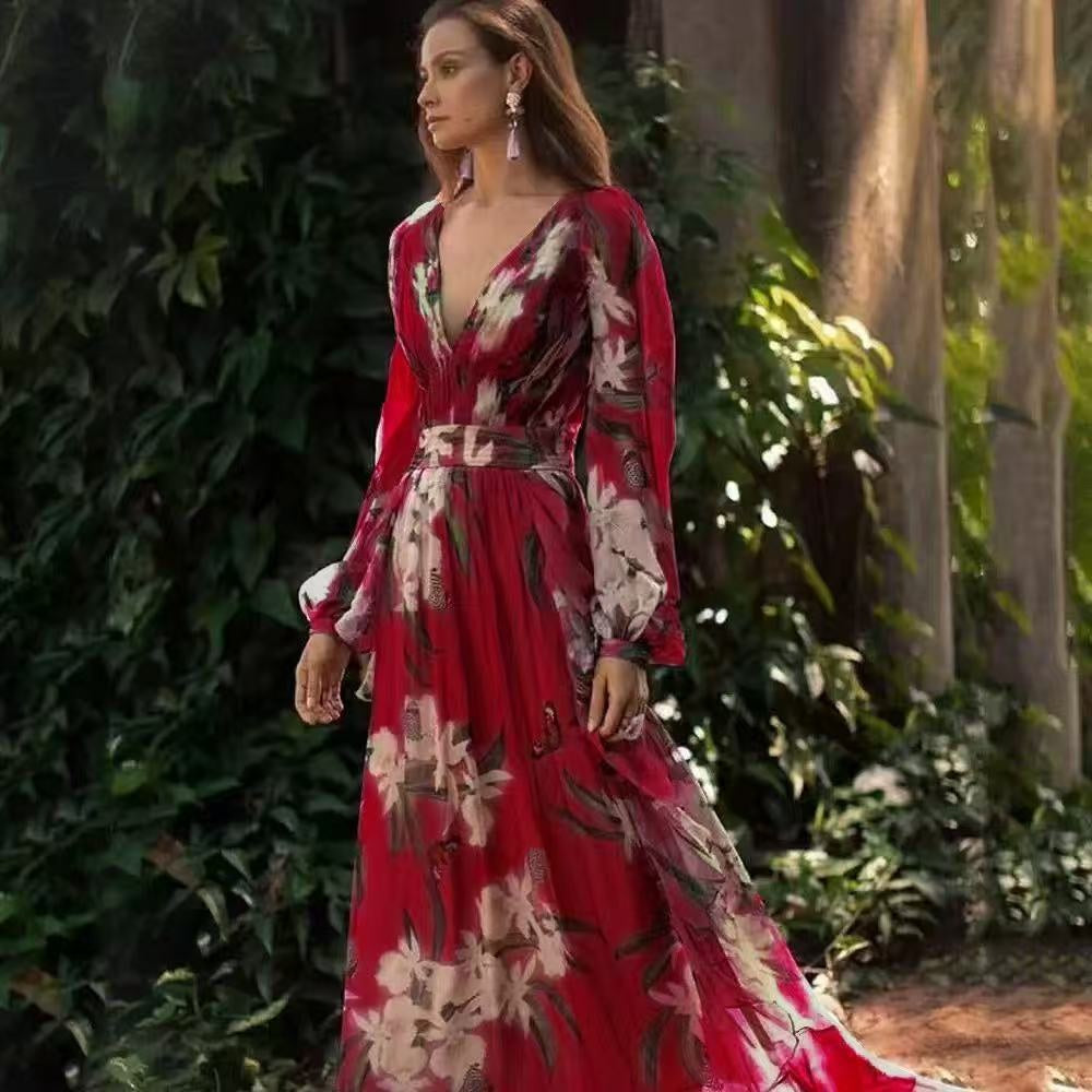 Winter New  Style V-Neck Long Sleeve Four-Way Stretch Printed Flared Dress - V.I.P Digital Presence