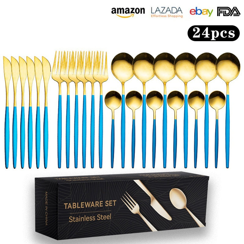 Cutlery Set Stainless Steel Knife Fork Set 24-Piece Tableware Set Golden Steak Knife Fork Spoon 6-Person Set - V.I.P Digital Presence
