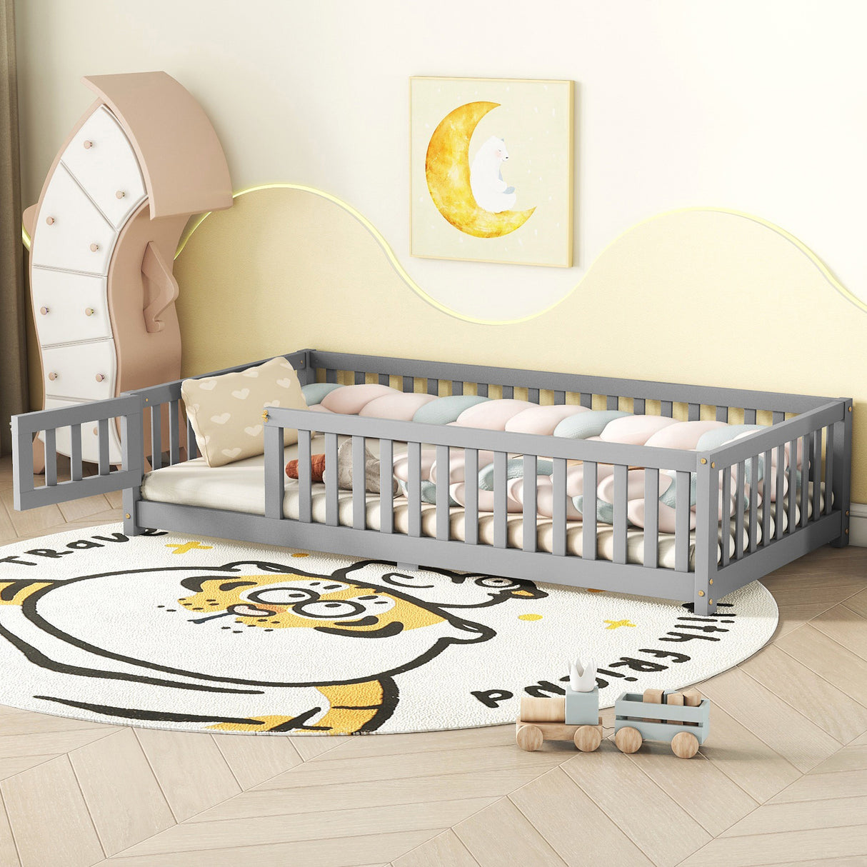 Twin Size Bed Floor Bed with Safety Guardrails and Door for Kids, Gray - V.I.P Digital Presence