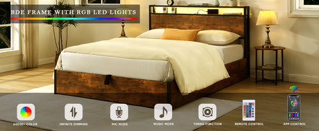 Elevating storage bed frame, full-size bed frame with bookshelf headboard and LED lights, with country brown color - V.I.P Digital Presence