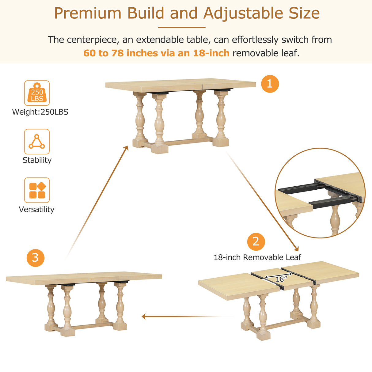 Traditional 6-Piece 78inch Trestle Extendable Dining Table Set with One 18inch Removable Leaf Padded Dining Chairs Bench,Natural - V.I.P Digital Presence