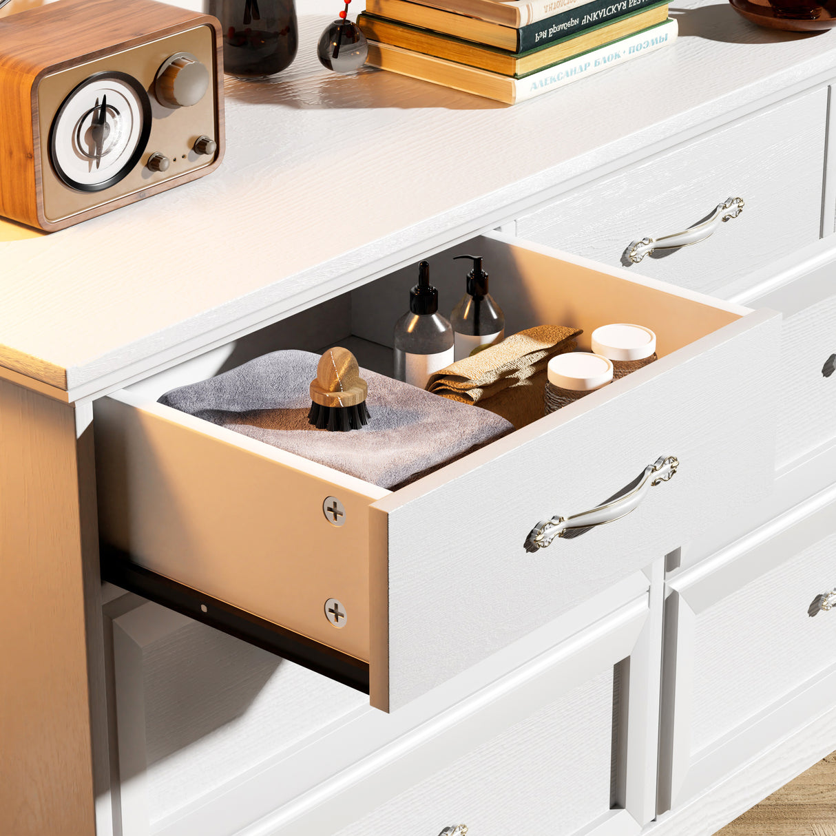 Modern 3 Drawer Bedroom Chest of Drawers with 7 Drawers Dresser Clothes Organizer -Metal Pulls White, 47.6″L x 15.7″W x 26.6″H - V.I.P Digital Presence