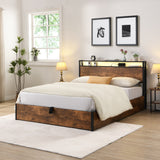 Elevating storage bed frame, full-size bed frame with bookshelf headboard and LED lights, with country brown color - V.I.P Digital Presence