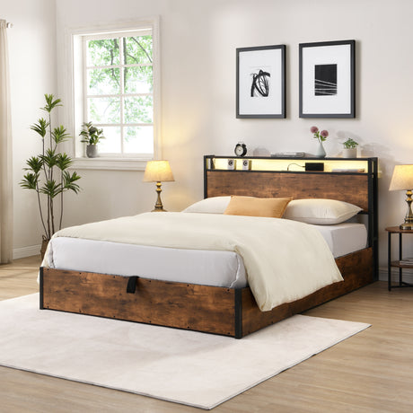 Elevating storage bed frame, full-size bed frame with bookshelf headboard and LED lights, with country brown color - V.I.P Digital Presence