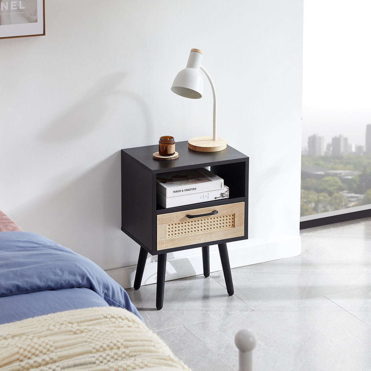 15.75" Rattan End table with drawer and solid wood legs Modern nightstand side table for living room black - V.I.P Digital Presence