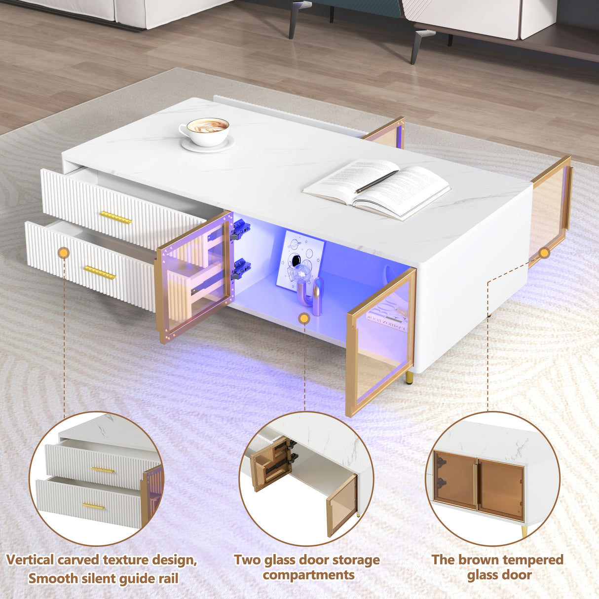 Modern White Coffee Table with 2 Glass Door Storage, 4 Drawers, Gold Metal Legs, and Multi-Color Lighting in 47.2' - V.I.P Digital Presence