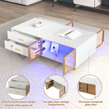 Modern White Coffee Table with 2 Glass Door Storage, 4 Drawers, Gold Metal Legs, and Multi-Color Lighting in 47.2' - V.I.P Digital Presence
