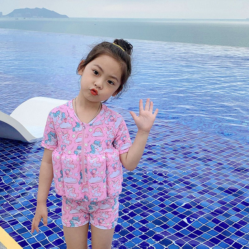 Children's buoyancy swimsuit for girls and boys, cute baby short sleeved zipper one-piece surfing floating vest swimsuit - V.I.P Digital Presence