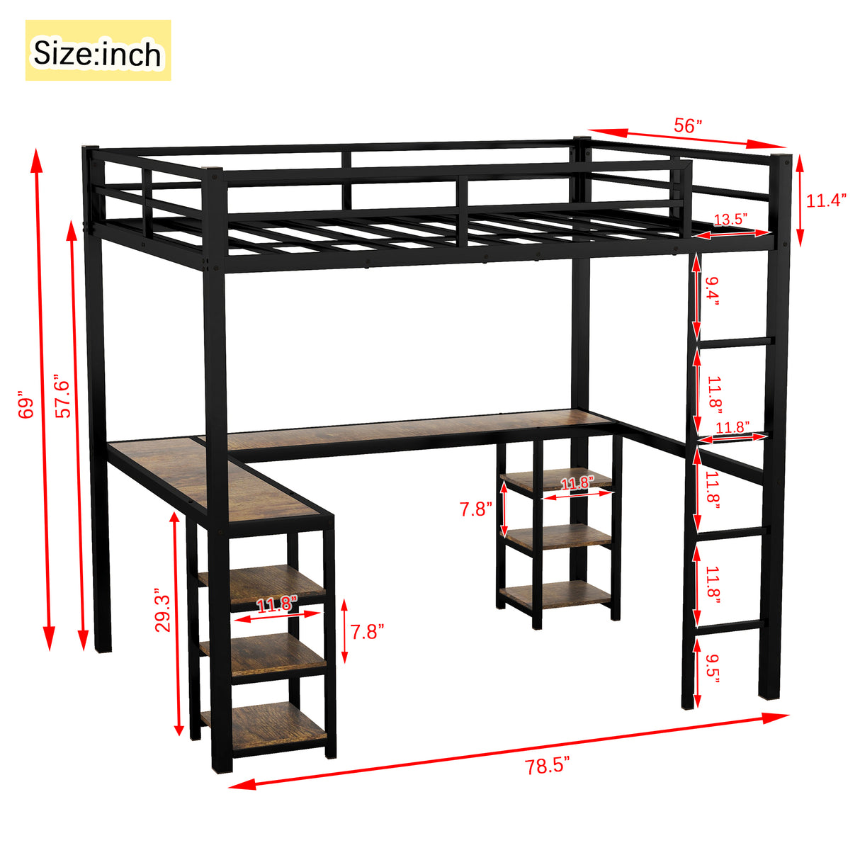 Full Metal Loft Bed with Desk and Shelves, Loft Bed with Ladder and Guardrails, Loft Bed Frame for Bedroom, Black - V.I.P Digital Presence