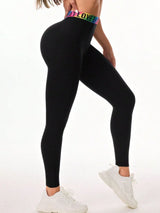 Letter Printed High Waist Active Leggings - V.I.P Digital Presence